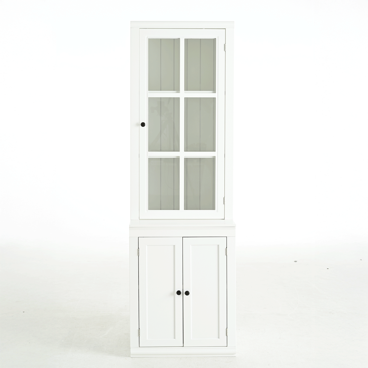 75.25'' Tall Freestanding Pantry Cabinet with Glass Door & Lattice Window, Farmhouse Display Cabinets with Storage, Hutch with Double-Action LH&RH Door, for Hallways, Livingroom Kitchen & Office,White image 11