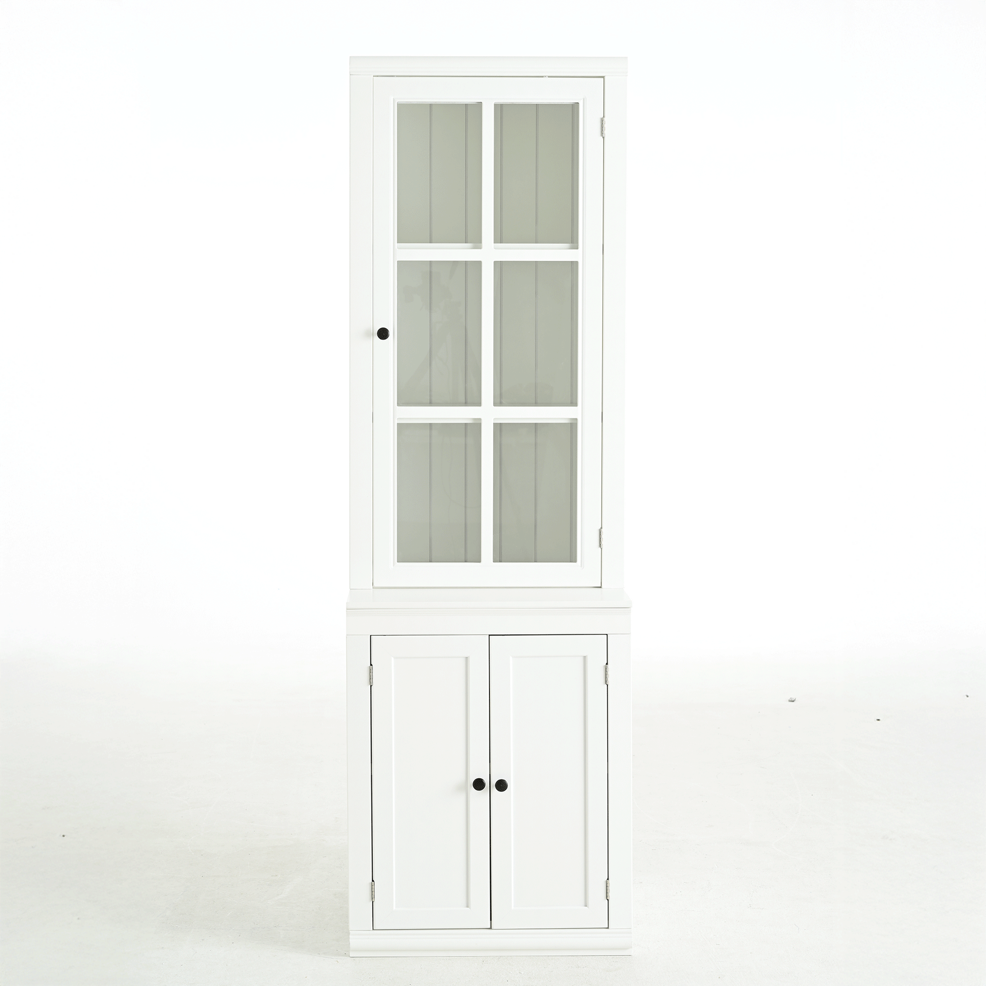 75.25'' Tall Freestanding Pantry Cabinet with Glass Door & Lattice Window, Farmhouse Display Cabinets with Storage, Hutch with Double-Action LH&RH Door, for Hallways, Livingroom Kitchen & Office,White image 11