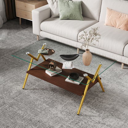 Rectangle Coffee Table with Tempered Glass top and Golden Metal Legs, Modern Table for Living Room, Transparent Glass image 5