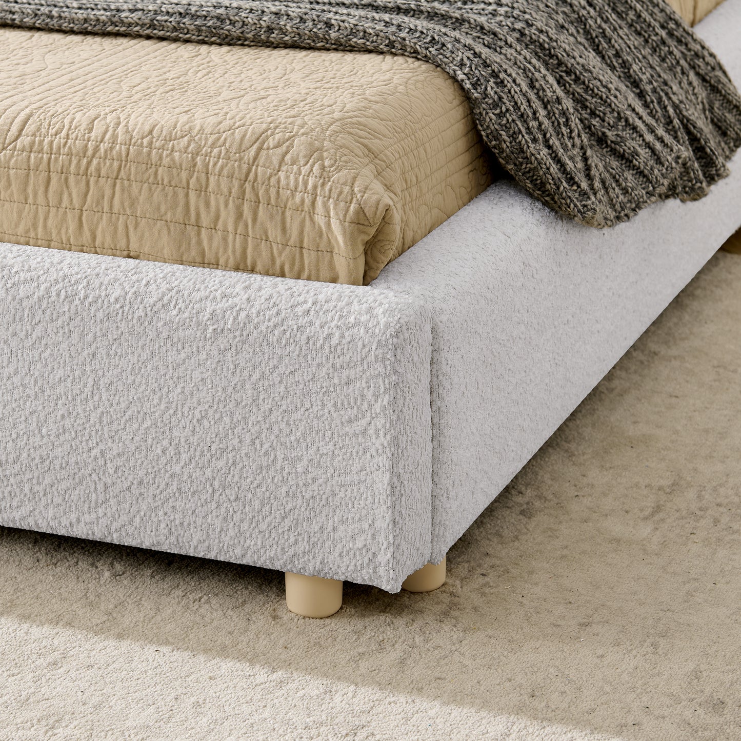 King Size Upholstered Bed Frame, Modern Minimalist Style with Tall Curved Headboard, Premium Circle Yarn Fabric & Sturdy Leg Support, Mattress Not Included-Beige image 6