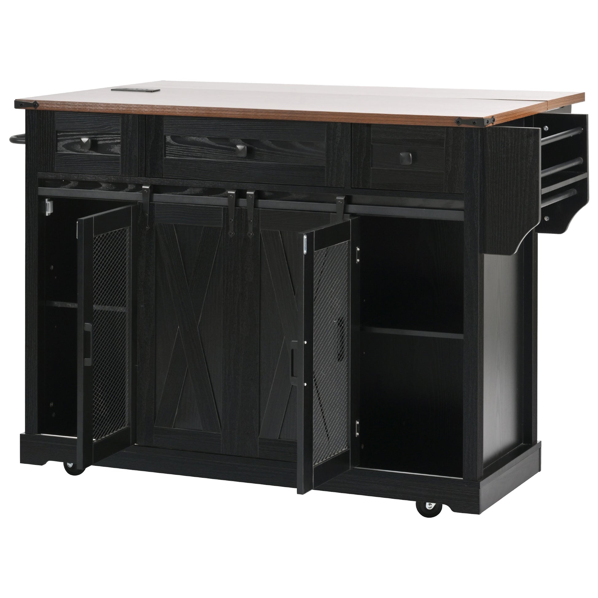 K&K 58" Farmhouse Kitchen Island with Storage, Sliding Barn Door & Metal Grid Side Door, Rolling Kitchen Island on 5 Wheels with Spice Rack, Glass Holders,Island Table with Drop Leaf for Kitchen,Black image 7
