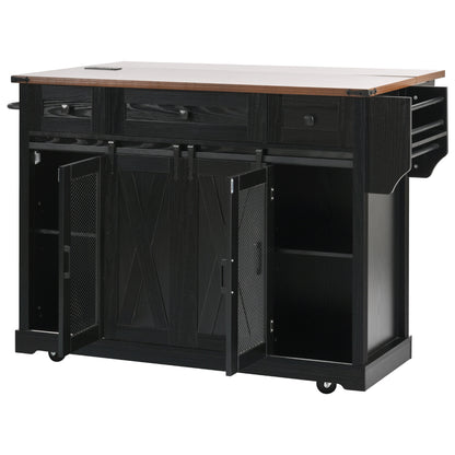 K&K 58" Farmhouse Kitchen Island with Storage, Sliding Barn Door & Metal Grid Side Door, Rolling Kitchen Island on 5 Wheels with Spice Rack, Glass Holders,Island Table with Drop Leaf for Kitchen,Black image 7