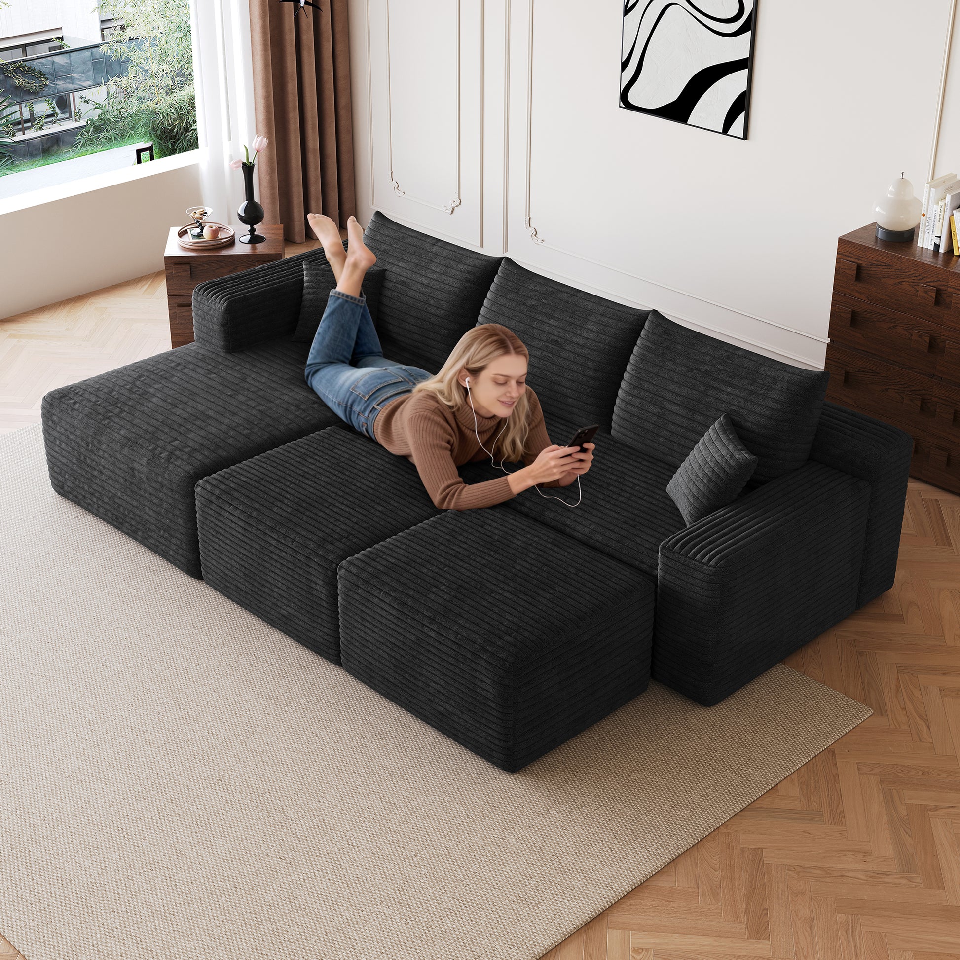 95" Cloud Sectional Sofa with 2 Ottoman,Modern Minimalist Upholstered Couches, Comfort U Shaped Sofa for Living Room,Deep Seat Corner Couch,No Assembly Required,Black (Plush Corduroy Fabric) image 2