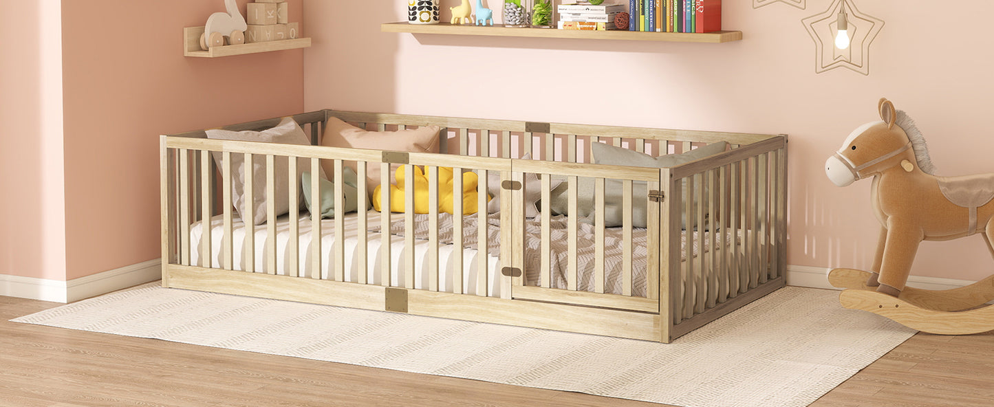 Twin Size Floor Bed with High Fence Railings, with Door, Rubber Wood Floor Bed with Safety Guardrails,Natural image 5