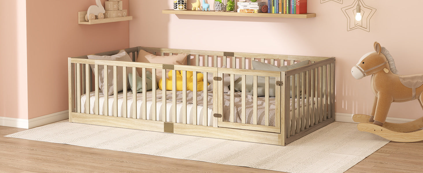 Twin Size Floor Bed with High Fence Railings, with Door, Rubber Wood Floor Bed with Safety Guardrails,Natural image 5