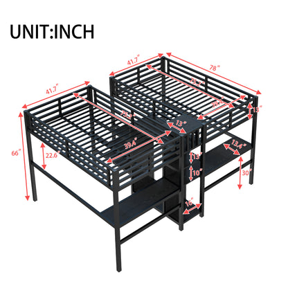 Twin Over Twin Metal Loft Bed with Double Desk and Wardrobe and Shelves with Electrical Outlet for Space Saving and Noise Reduction,Black image 6