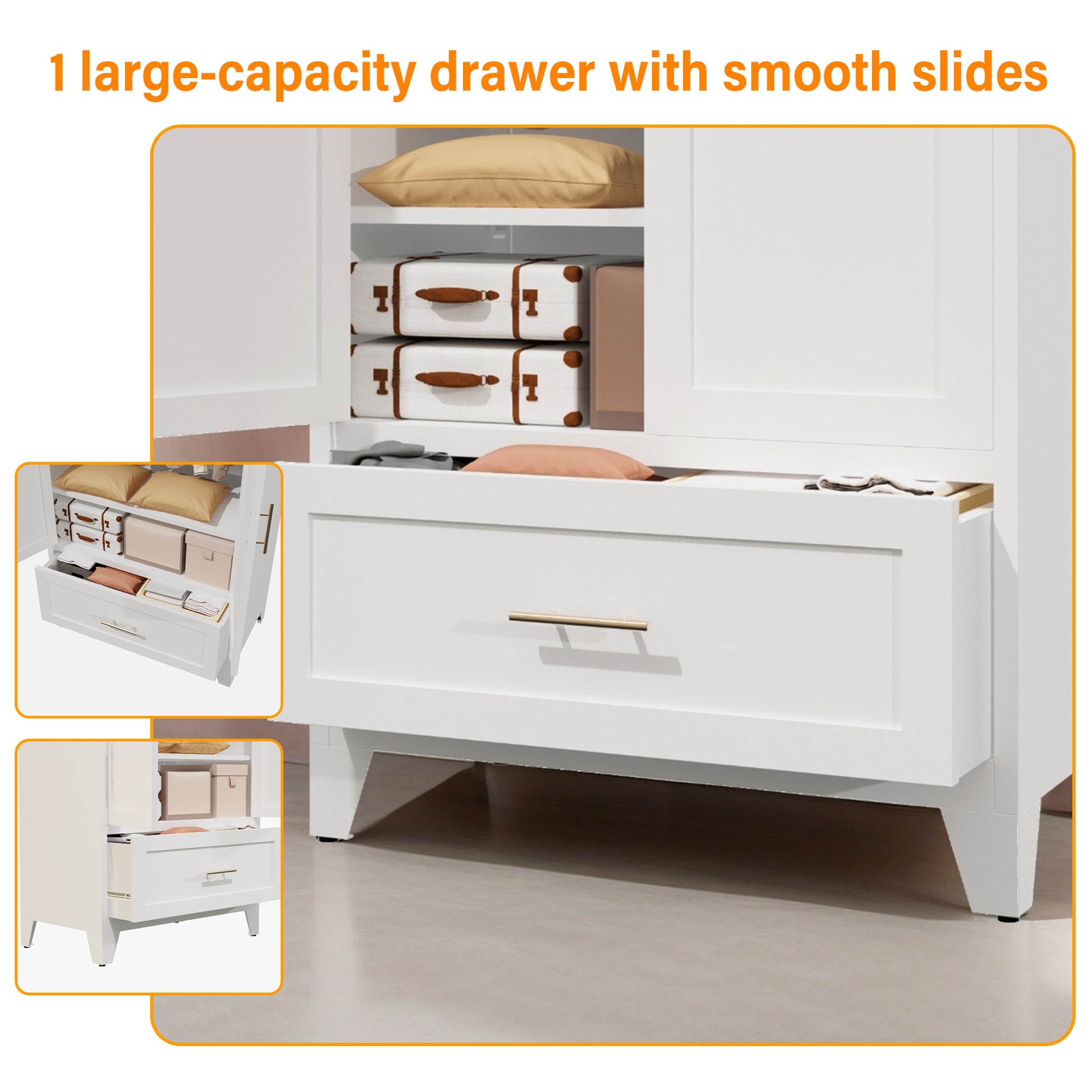 60" Tall Metal Wardrobe Cabinet with 1 Drawer and Hanging Rod, 2 Doors Wardrobe Closet with Shelf for Bedroom, Office, Laundry Room,Entryway,Foyer,Guesthouse (White) image 7