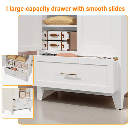 60" Tall Metal Wardrobe Cabinet with 1 Drawer and Hanging Rod, 2 Doors Wardrobe Closet with Shelf for Bedroom, Office, Laundry Room,Entryway,Foyer,Guesthouse (White) image 7