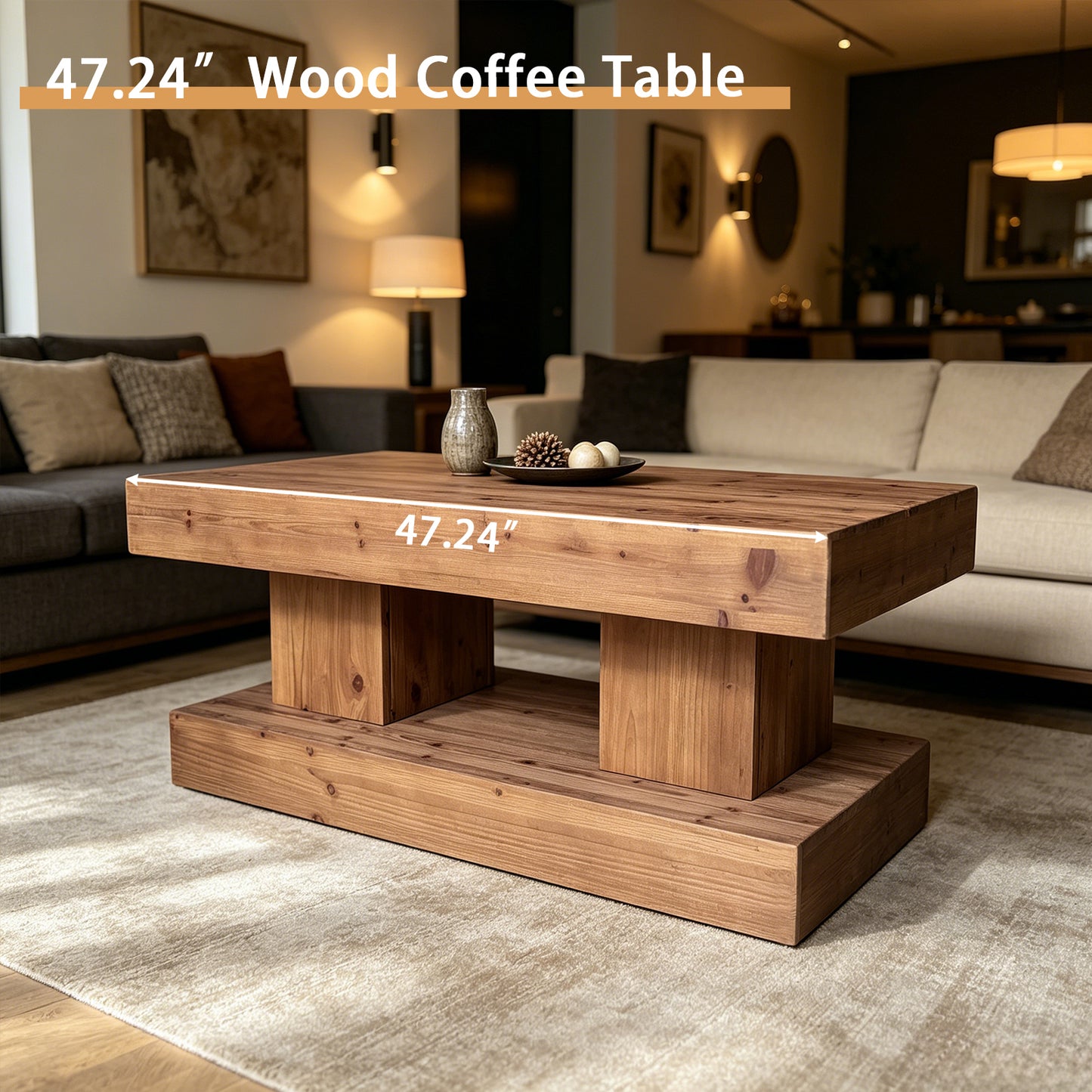 47.24"Natural solid wood coffee table with thick top and double pillar base. Classic rustic & minimalist style, sturdy and practical. image 2