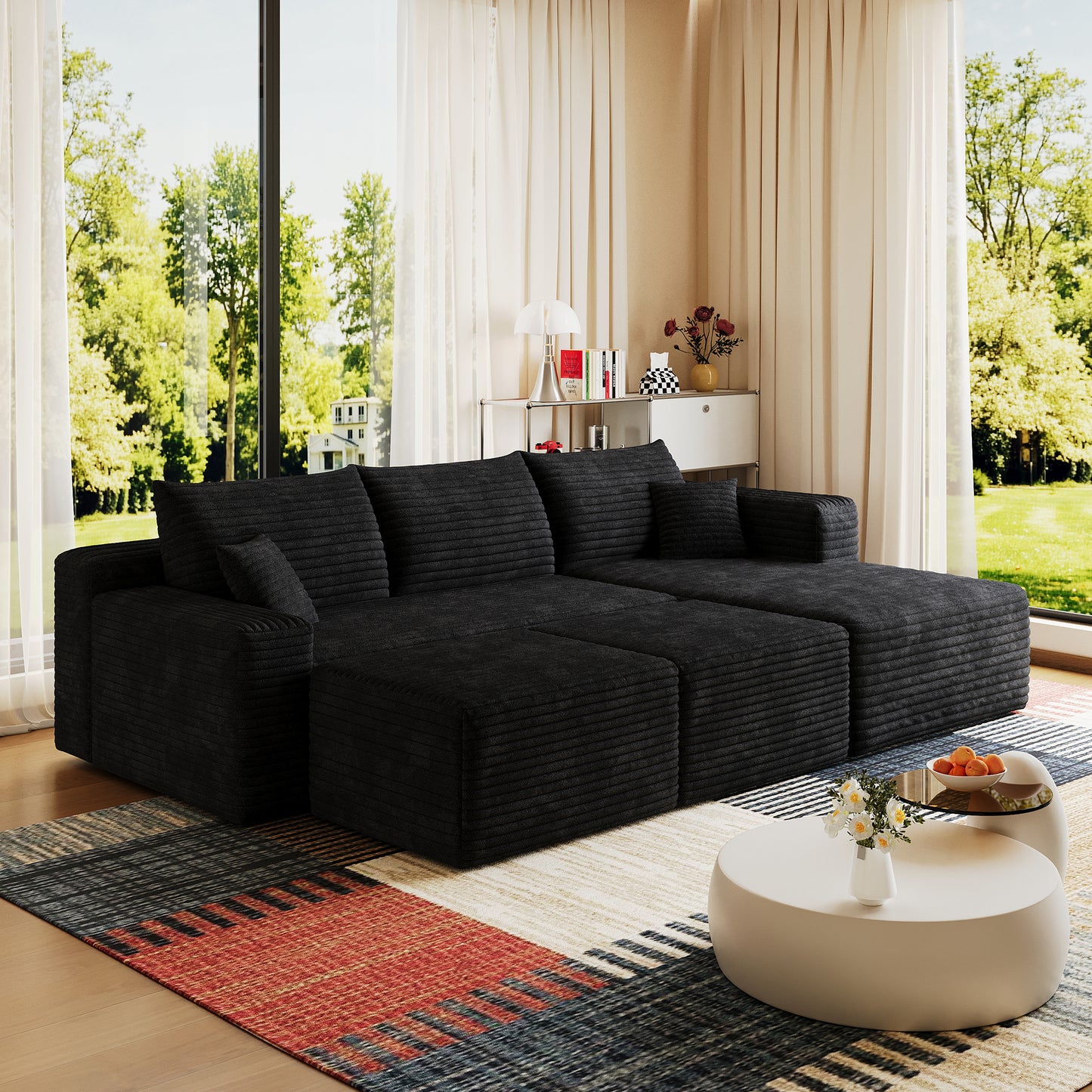 95" Cloud Sectional Sofa with 2 Ottoman,Modern Minimalist Upholstered Couches, Comfort U Shaped Sofa for Living Room,Deep Seat Corner Couch,No Assembly Required,Black (Plush Corduroy Fabric) image 4