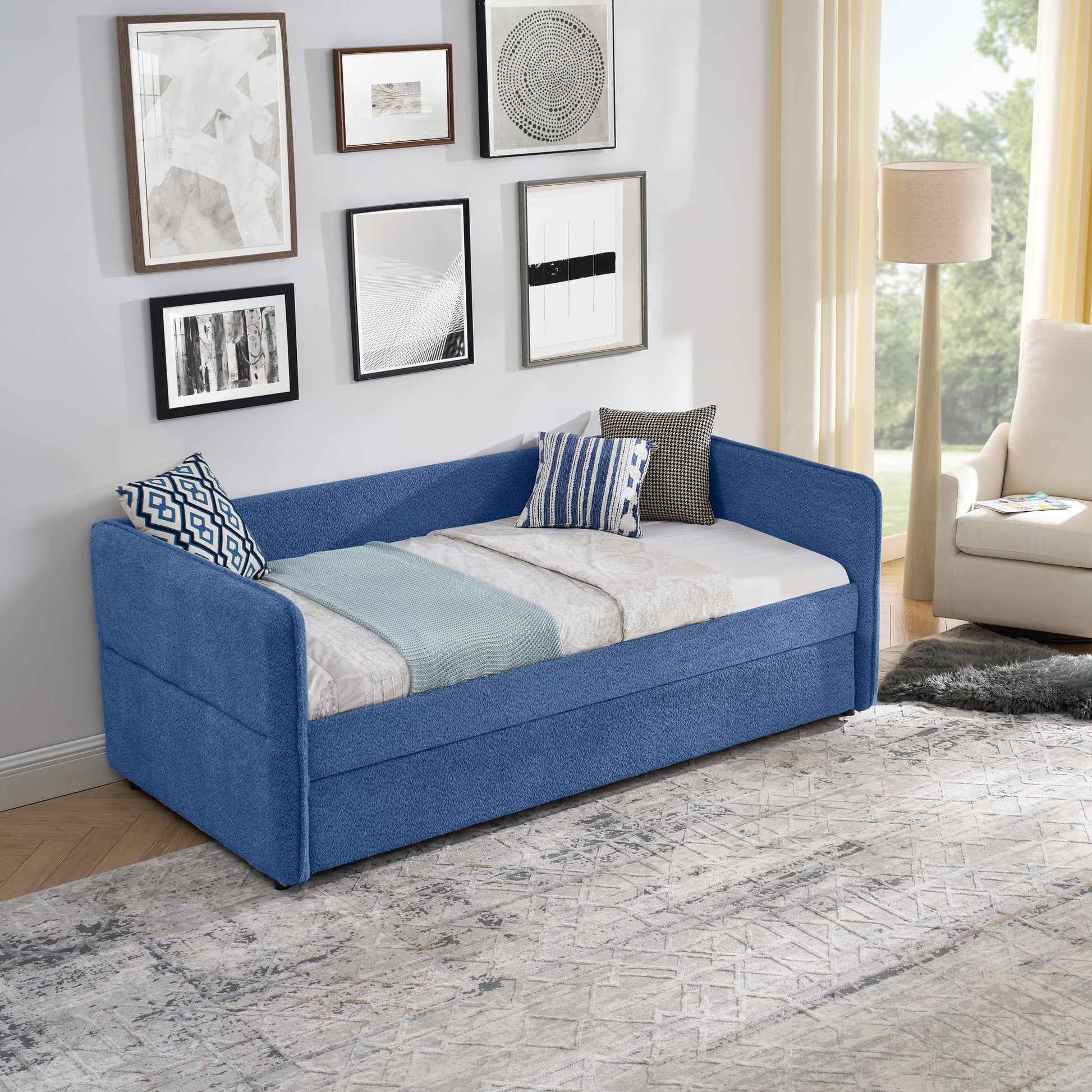 Daybed with Twin Size Pop-up Trundle Upholstered Tufted Sofa Bed, Twin Size, Boucle Fabric (83"x43"x29.5") image 4