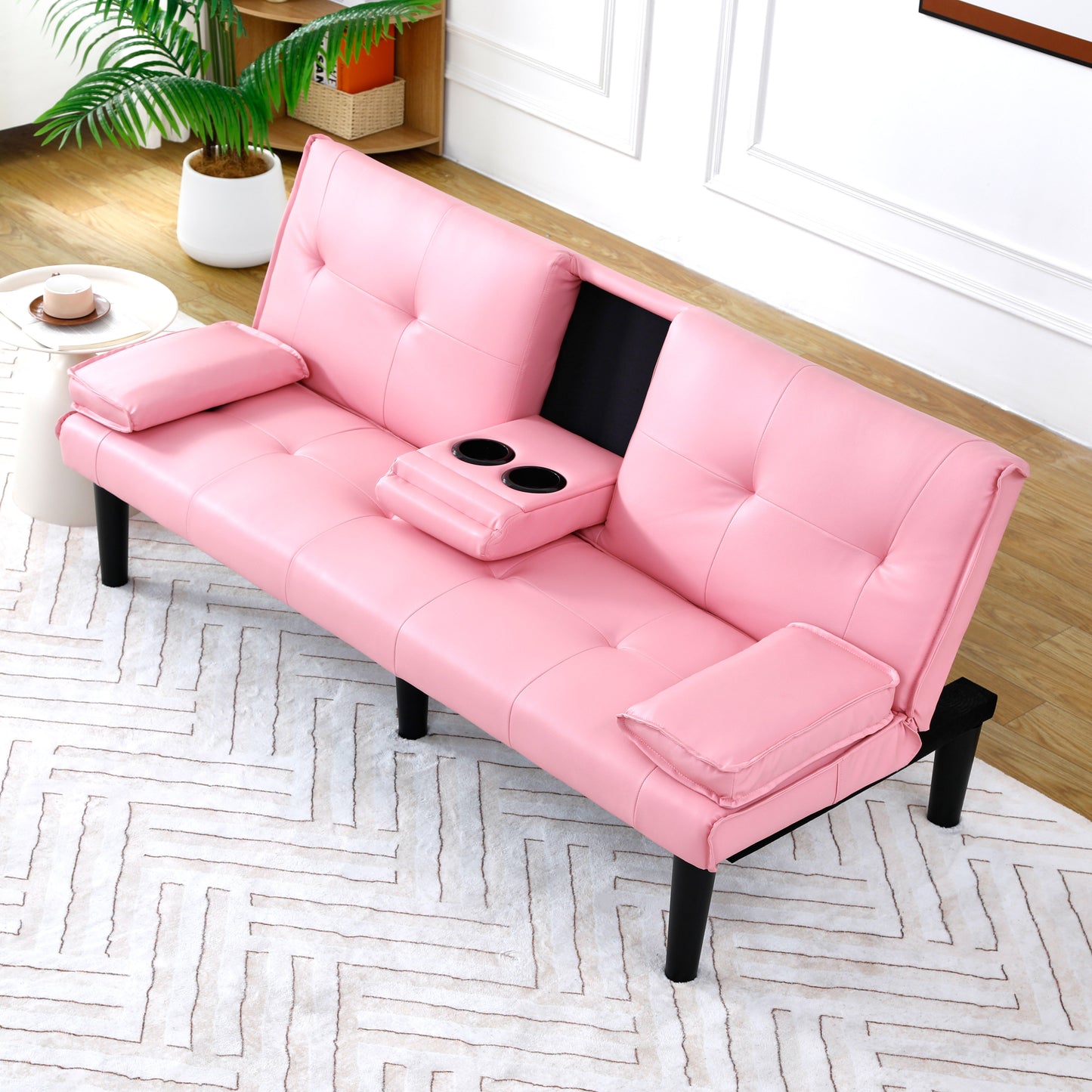 The 67-inch pink PVC multi-functional sofa bed, with a foldable and cup holder design, makes it extremely convenient to turn the living room into a guest room image 9