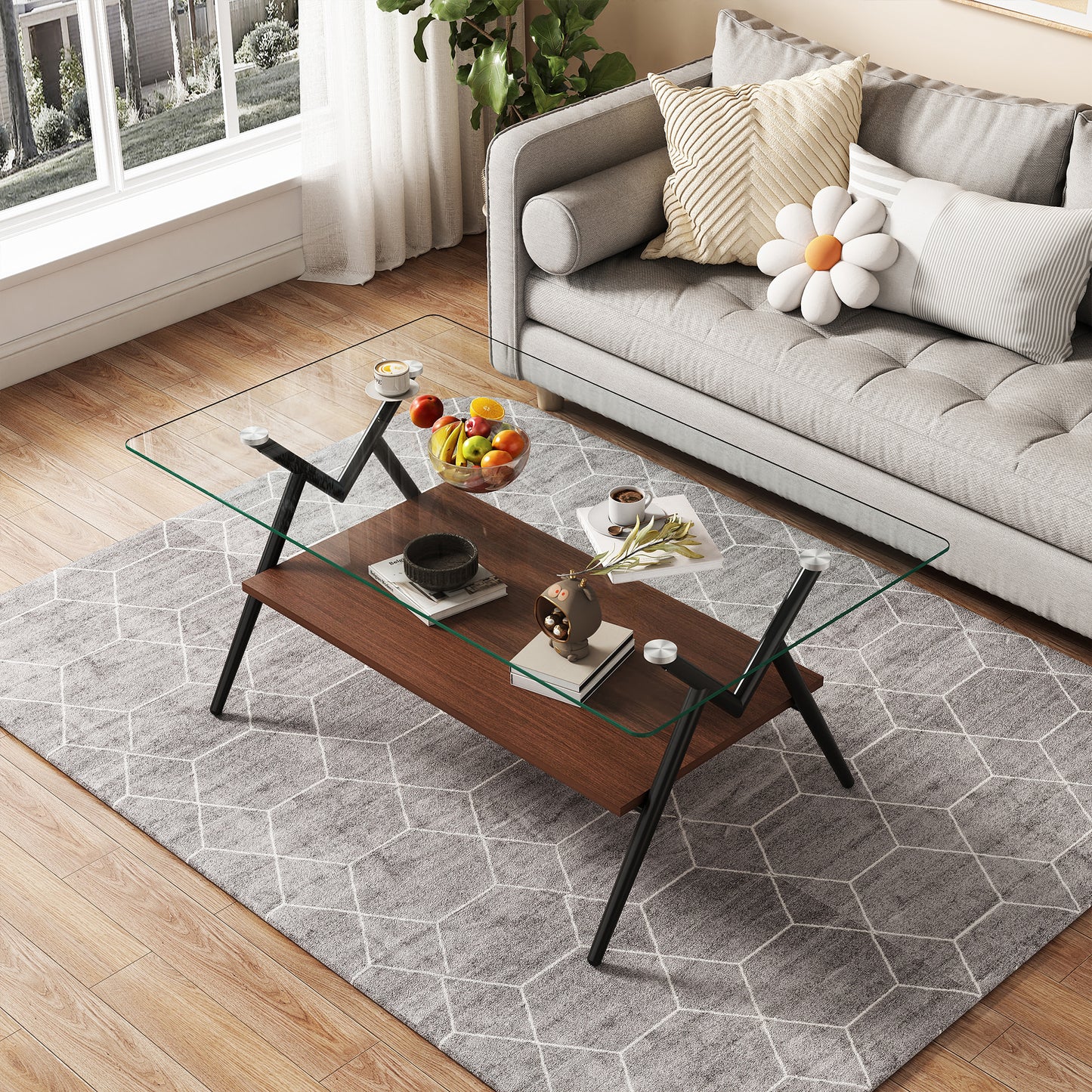 Rectangle Coffee Table with Tempered Glass top and Black Metal Legs, Modern Table for Living Room, Transparent Glass image 1