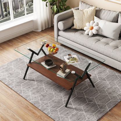 Rectangle Coffee Table with Tempered Glass top and Black Metal Legs, Modern Table for Living Room, Transparent Glass image 1