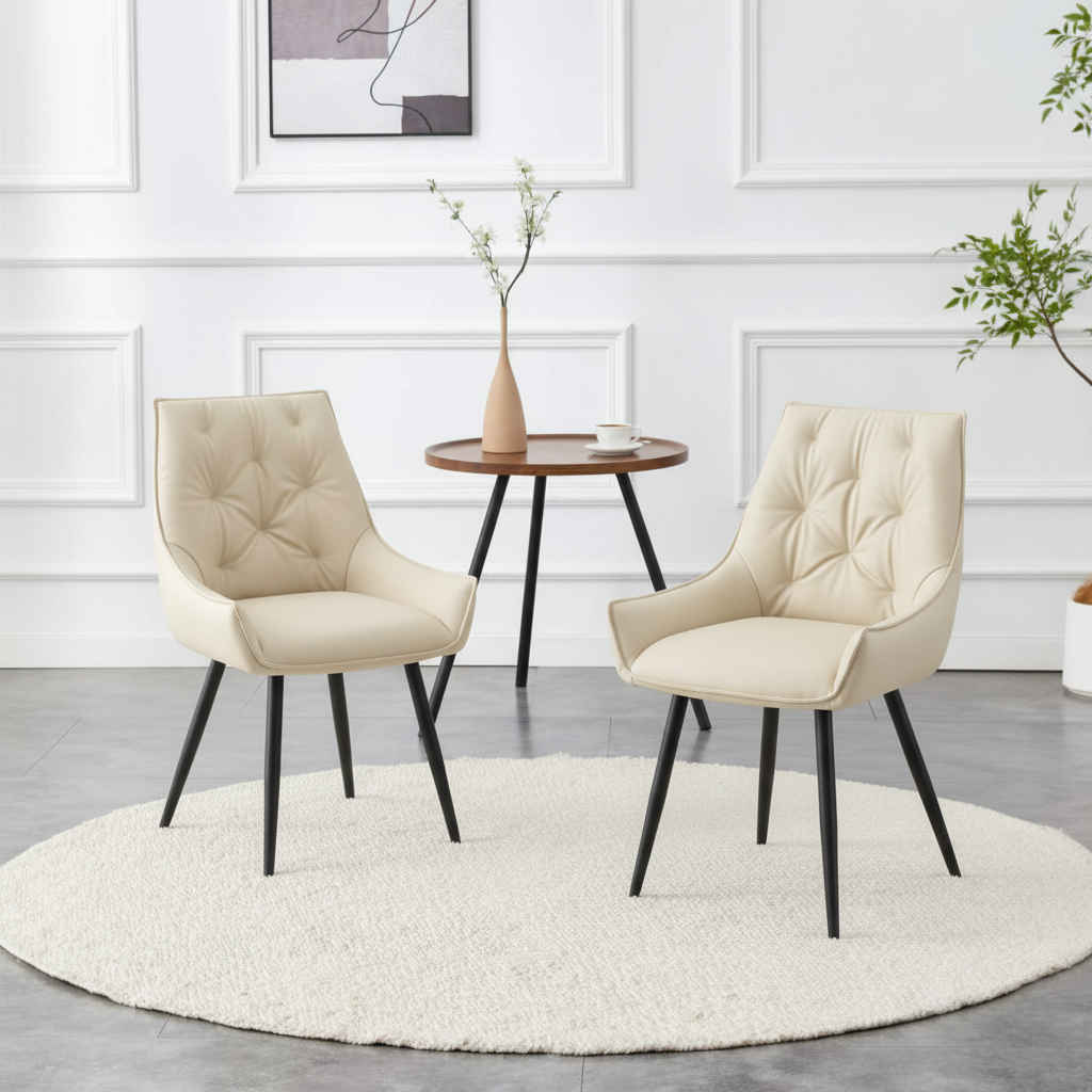 Dining Chairs Set of 2, Off White Faux Leather Dining Room Chair, Metal Kitchen Chairs with Gold Mesh Texture and Black Sanded Legs, Flat Back Upholstered Chair (Off White, Set of 2) image 1