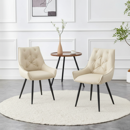Dining Chairs Set of 2, Off White Faux Leather Dining Room Chair, Metal Kitchen Chairs with Gold Mesh Texture and Black Sanded Legs, Flat Back Upholstered Chair (Off White, Set of 2) image 1