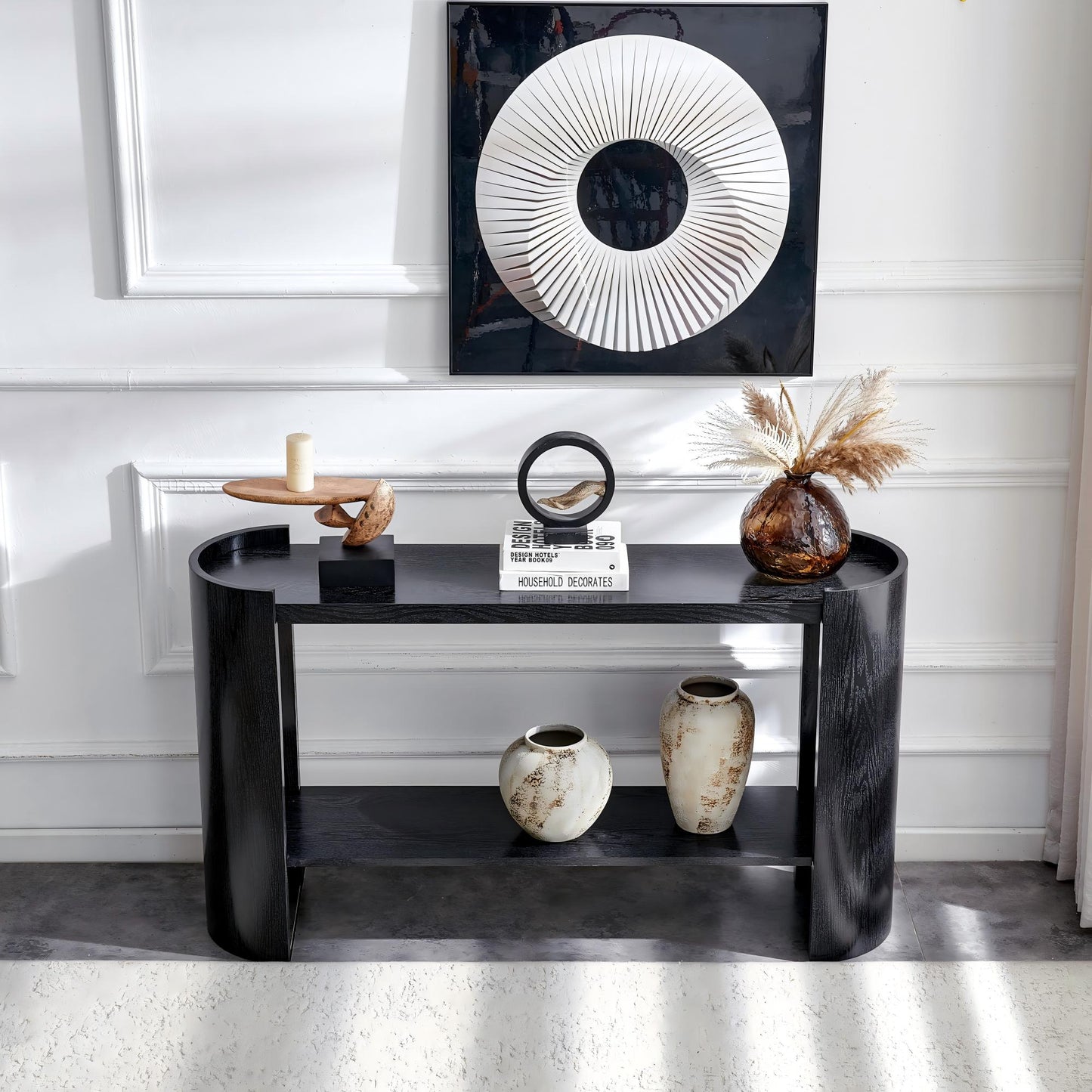 Double-layer Black curved foyer table - Black wood grain minimalist entrance small space living room sofa side table image 5