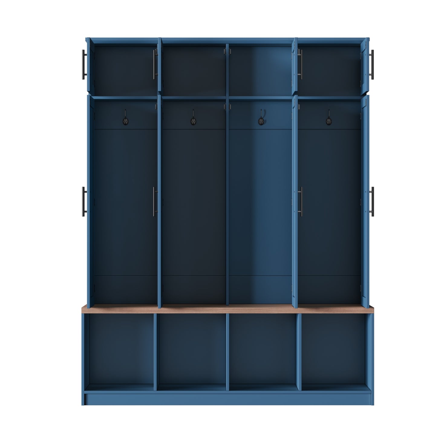 Farmhouse Hall Tree with 4 Hidden Hanging Hooks, Versatile Walnut Seating Bench with 8 Doors, Entryway Shoe Cabinet with Open Compartment for Living Room, Blue (OLD SKU:N721S000059C) image 9