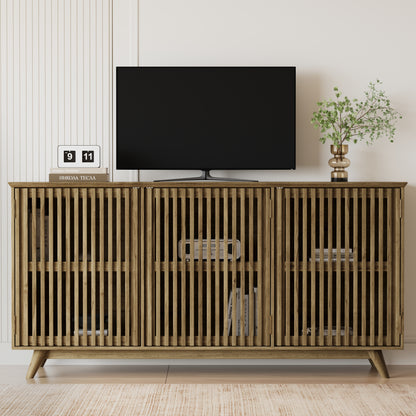 58.86" Solid Knot-Free Pine Wood TV Stand, Mid-Century Modern Storage Cabinet with No Handle Doors and Adjustable Shelf, Entertainment Center for Living Room, Bedroom, Kitchen, Natural image 3