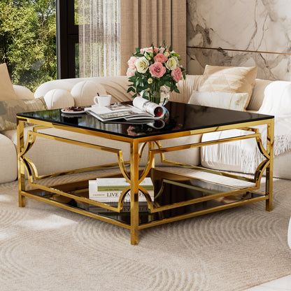 Square Glass Coffee Table in 33.5",Luxurious Geometric Metal Frame,Gold Finish & Lower Shelf image 8