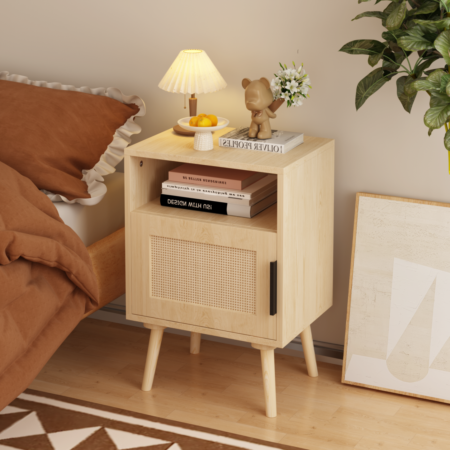 22.83'' H Rattan Nightstand, Side Table with Door Open Shelf, Accent Bedside End Table with Solid Wood Legs for Bedroom, Dorm and Small Spaces, Oak image 10