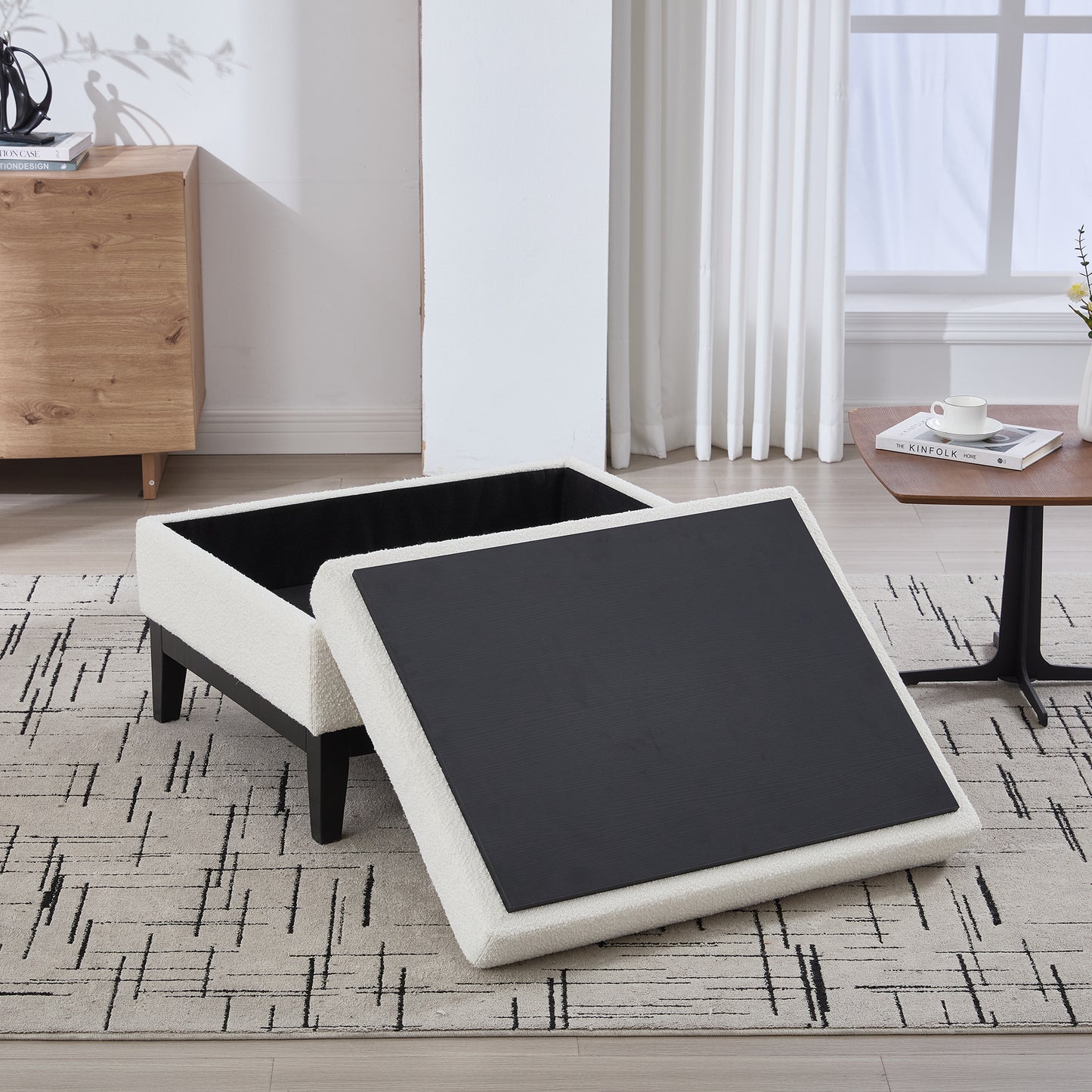 33.86"W Upholstered Wood Base Storage Ottoman With Reversible Lid Coffee Table, Foot Stool Square Footrest with Rubberwood Legs for Living Room Bedroom Entryway and Office, Ivory Boucle. image 5