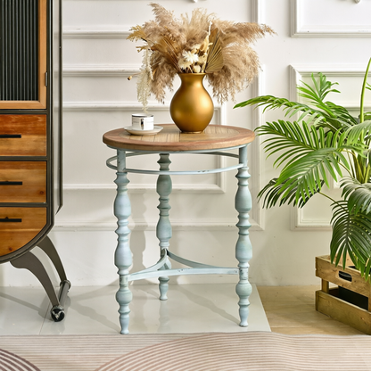 Easy Assembly 20.08" Accent Rustic Wooden Carved Coffee Table, Round Wooden Top Metal Leg Round End Table For Living Room image 1