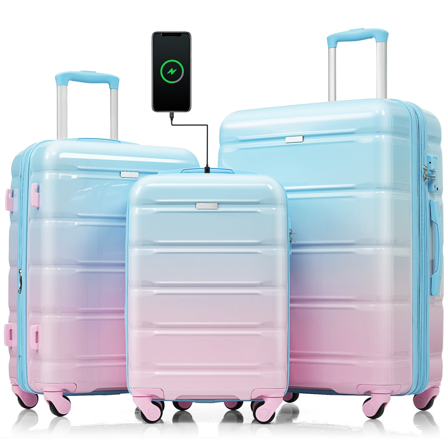 Luggage Set of 3, 20-inch with USB Port, Airline Certified Carry-on Luggage, ABS+PC Hard Shell Luggage with Spinner Wheels, light blue and pink image 1
