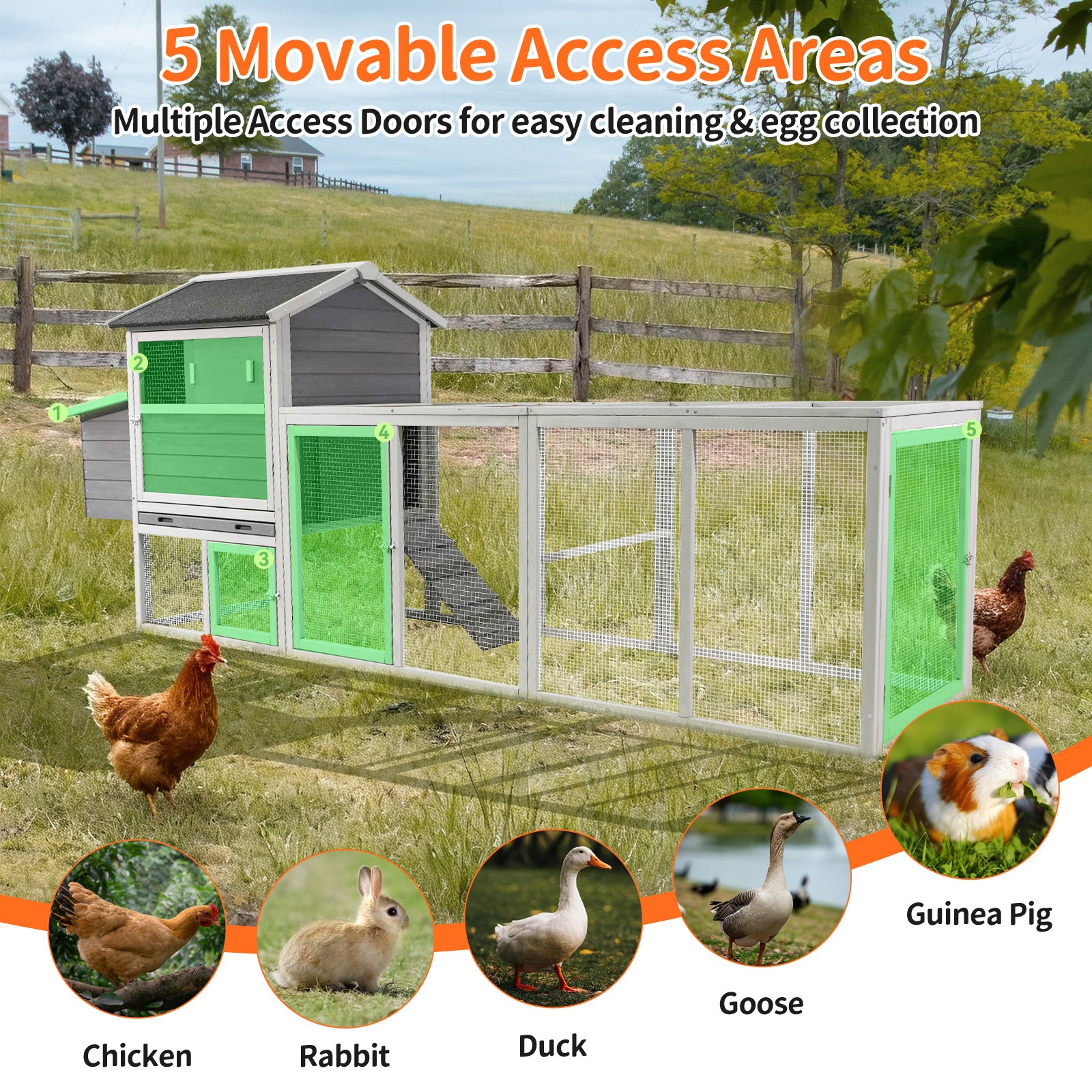 Gray Wooden Chicken Coop, Large Outdoor Hen House with Run and Nesting Box Poultry Cage, Rabbit Hutch, Waterproof Anti-UV Panel for Backyard image 8