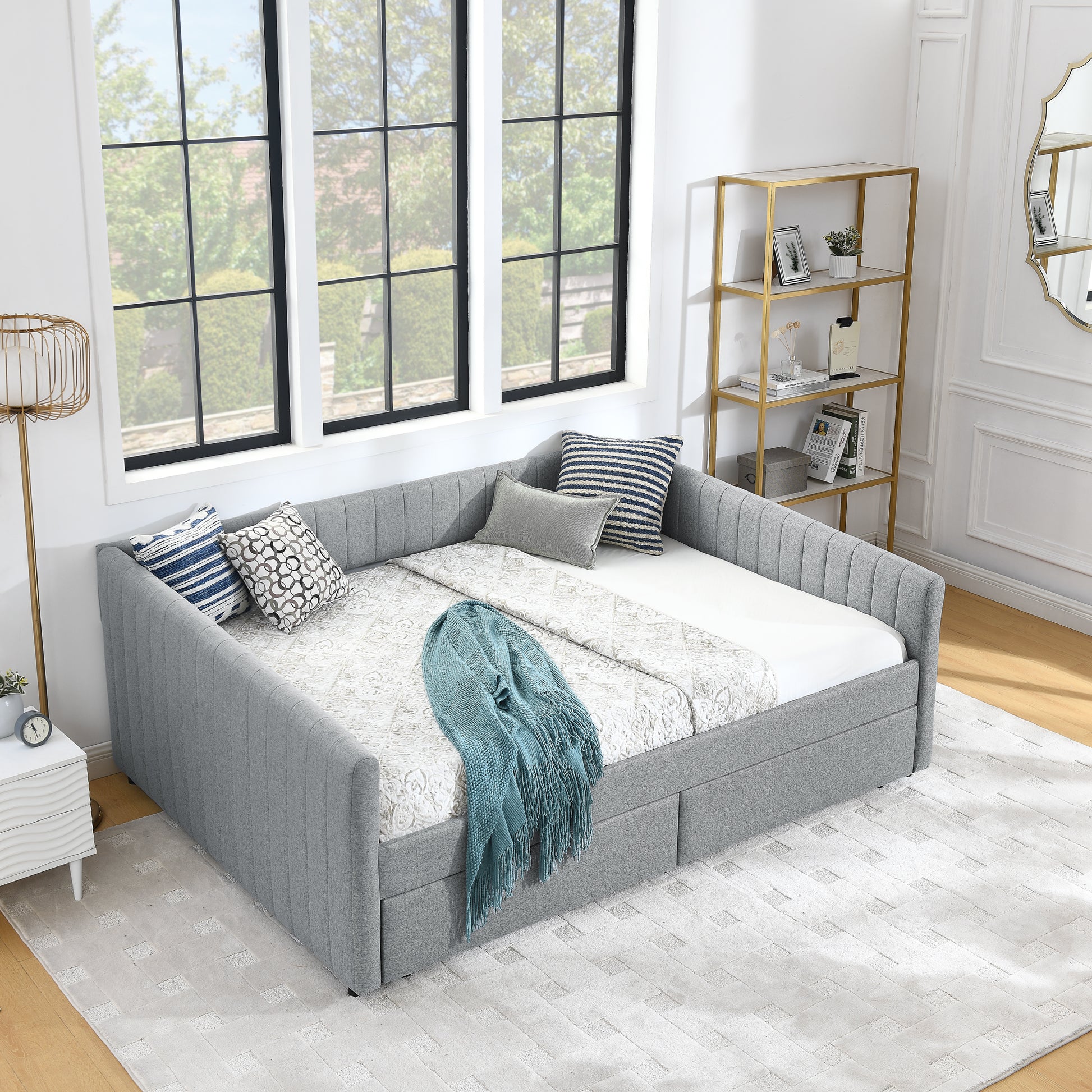 Queen Size Daybed with Two Drawers Trundle Upholstered Sofa Bed, with Vertical Stripes Linen Fabric, Grey (86.5"x65"x30") image 4
