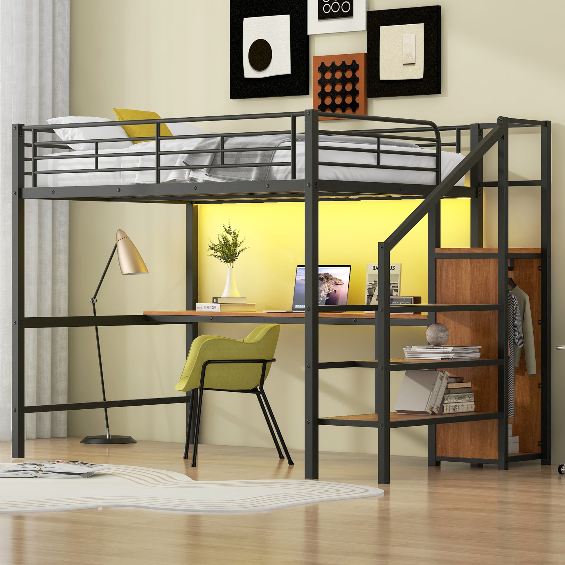 Full Size Metal Loft Bed with Desk, Storage Staircase, Small Wardrobe and LED Light,Black image 3