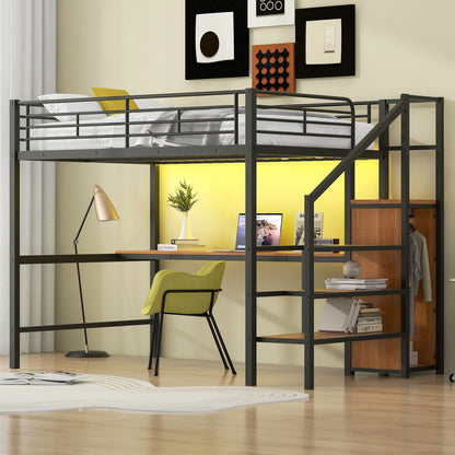 Full Size Metal Loft Bed with Desk, Storage Staircase, Small Wardrobe and LED Light,Black image 3