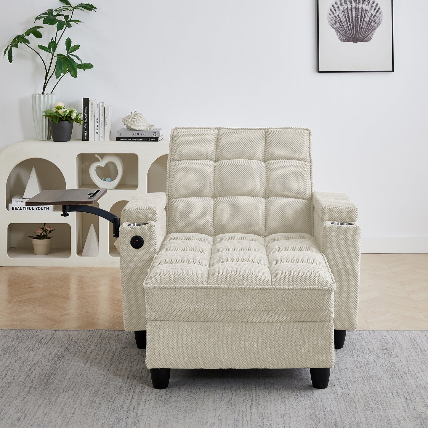 Beige Chaise Lounge Sofa,Sleeper Chair Bed with 6-Position Adjustable Backrest,USB Ports, Cup Holder and Swivel Side Table image 3