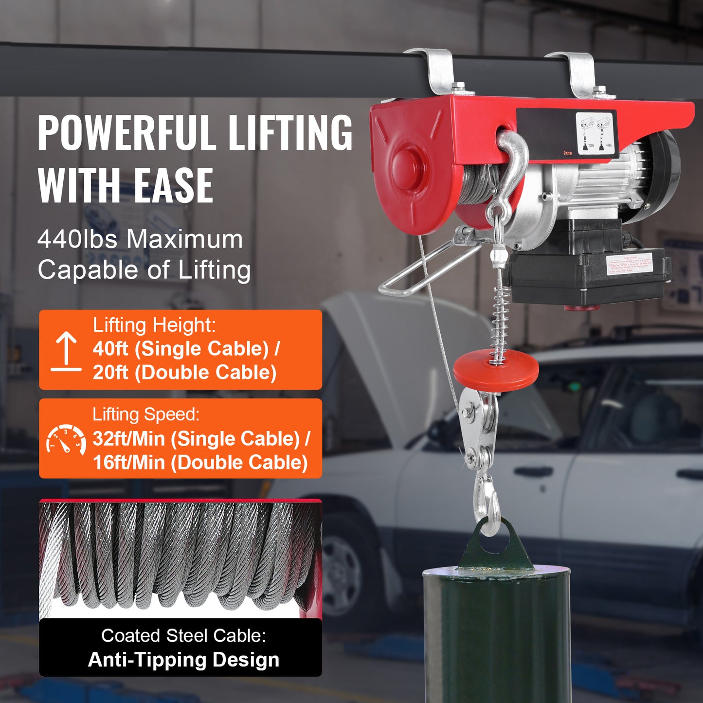 Electric Hoist Crane Winch 440 lbs 328 ft Wireless & 14 ft Wired Remote image 2