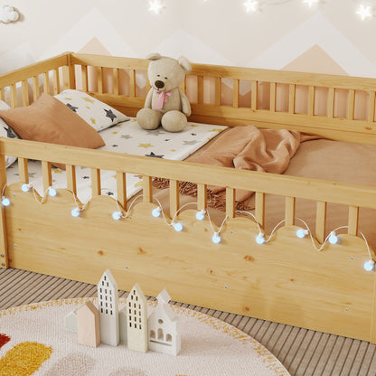 Full Montessori Floor Bed Frame with High Rails, Wood Kids Floor Beds with Light and Storage Shelf, Natural (Expect Arrival Date 2025/8/15) image 3