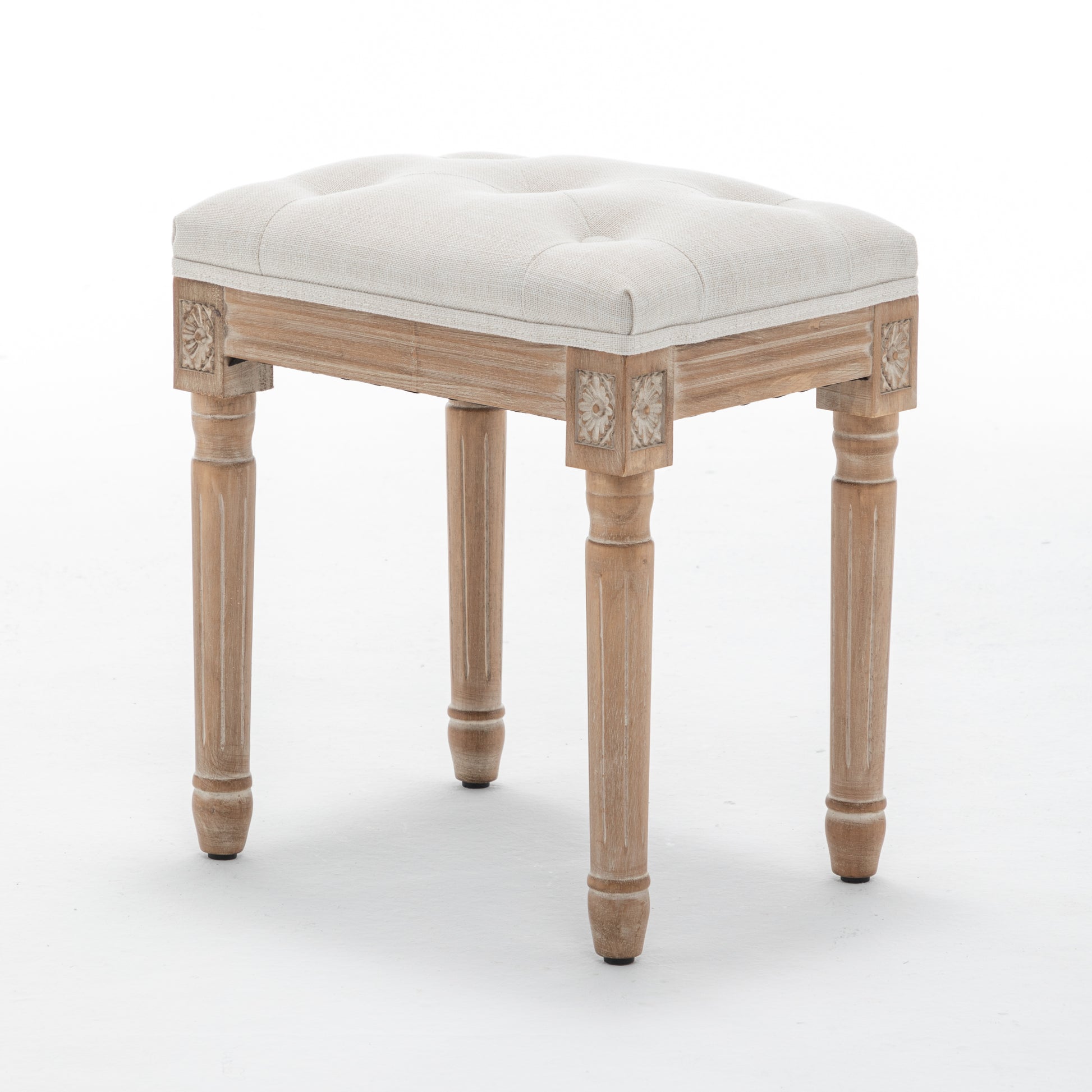 Tufted Vanity Stool with Linen Upholstery & Carved Solid Wood Legs, Dressing Bench for Bedroom, Beige image 6