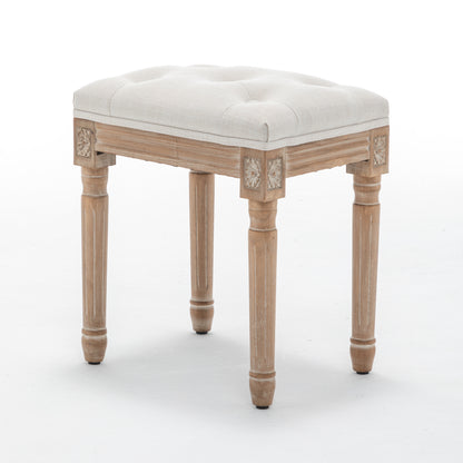 Tufted Vanity Stool with Linen Upholstery & Carved Solid Wood Legs, Dressing Bench for Bedroom, Beige image 6