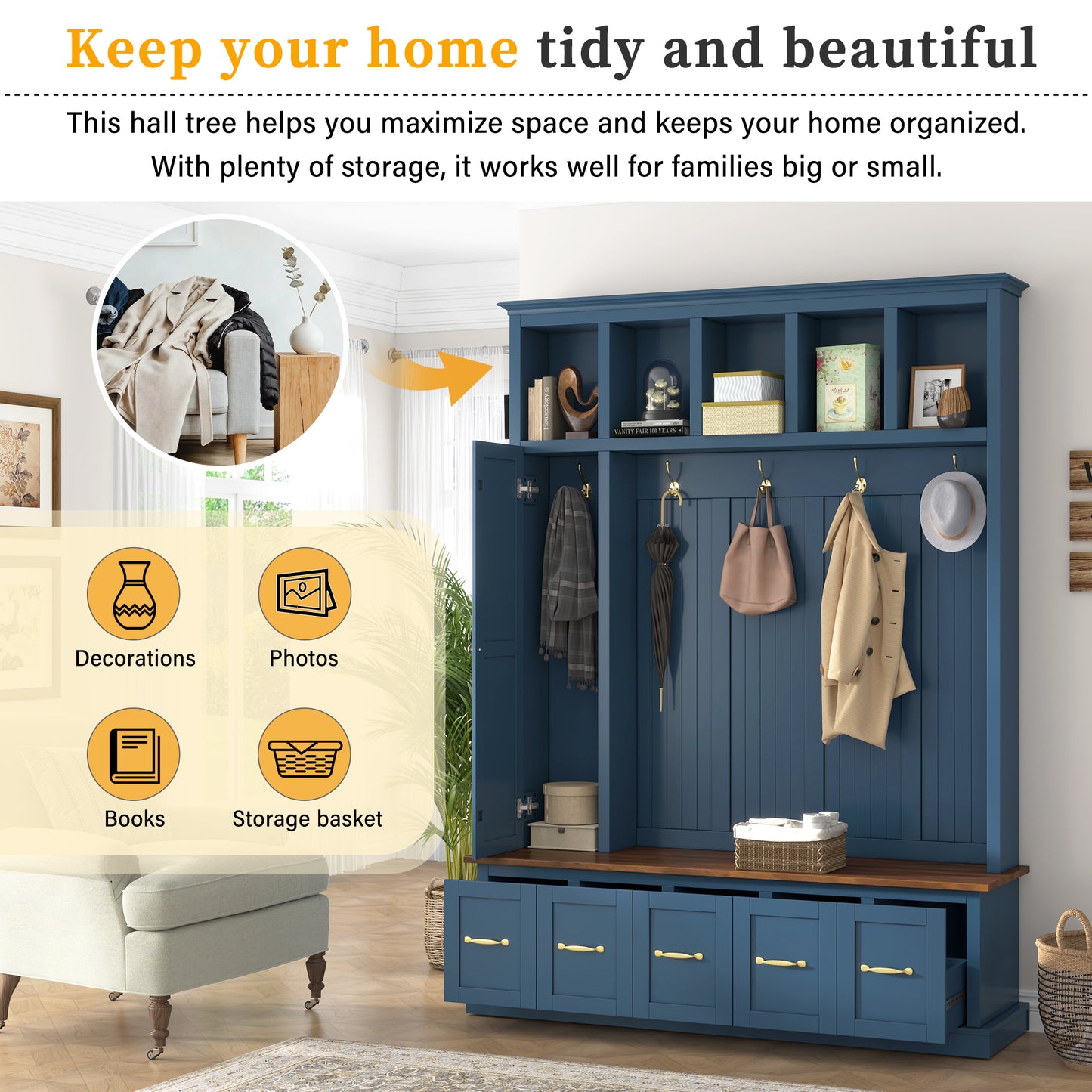 U-Can Entryway Hall Tree with Coat Hooks, Shoe Bench & Drawer Storage Cabinet image 9
