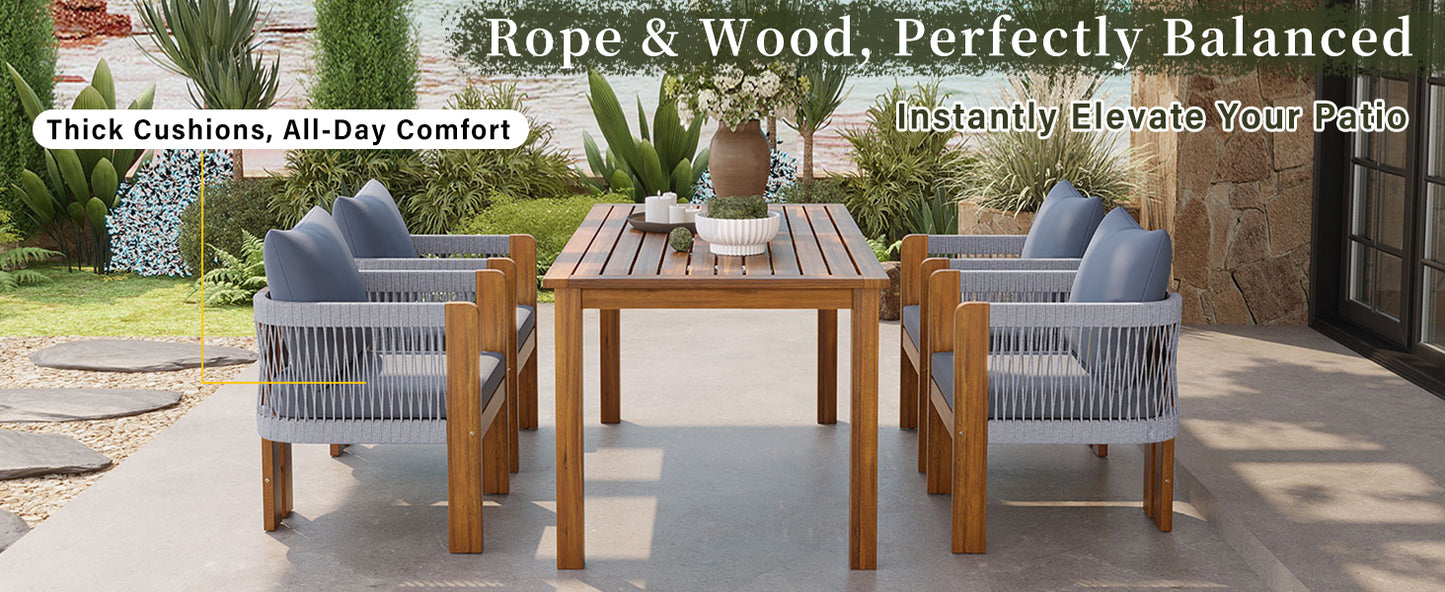 U_STYLE Luxury 5-Piece Outdoor Patio Dining Set for 4, Solid Acacia Wood Dinning Set with Rope Woven Chairs,Farmhouse Dining Furniture Set for Garden, Backyard, Poolside image 3