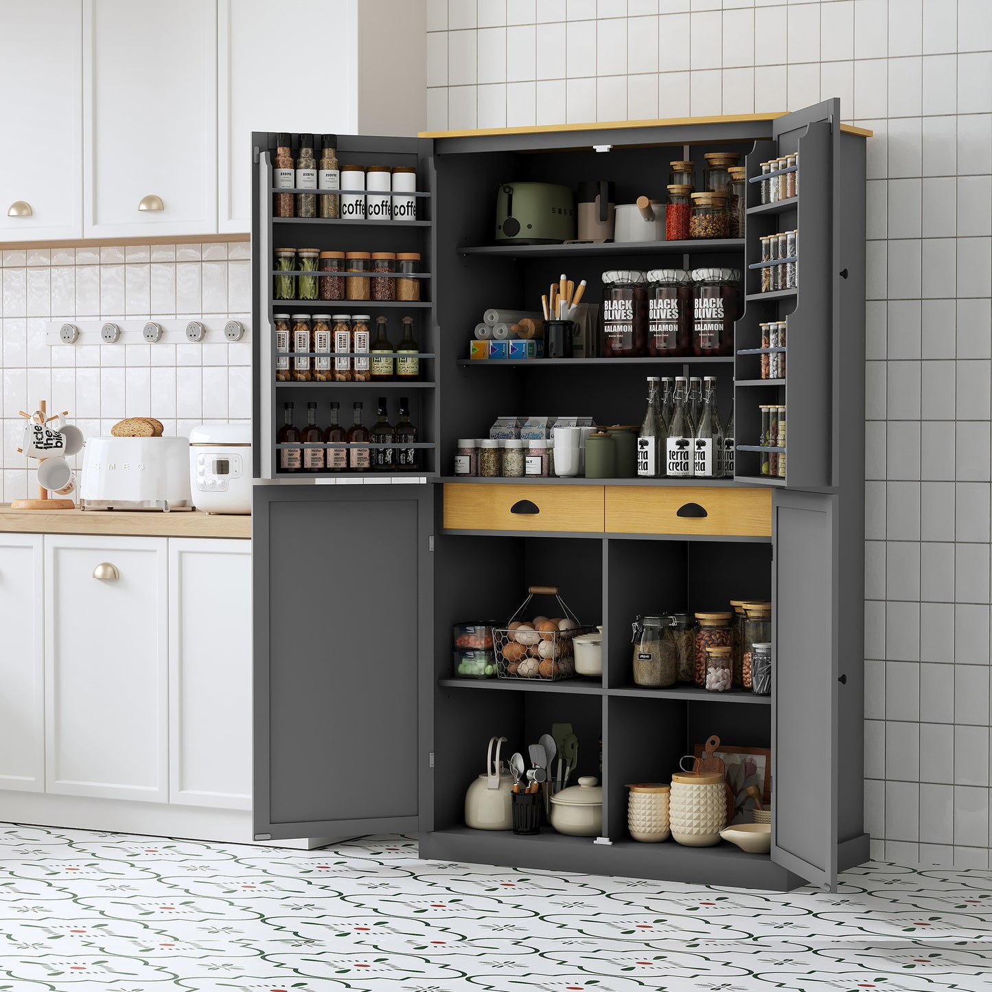 [Assembly Video Provided]TOPMAX 40.2x20x71.3inch High Freestanding Kitchen Pantry Large Cupboard Storage Cabinet with 2 Drawers, 2 Adjustable Shelves, 8 Door Shelves for Kitchen, Dining Room,Gray image 1