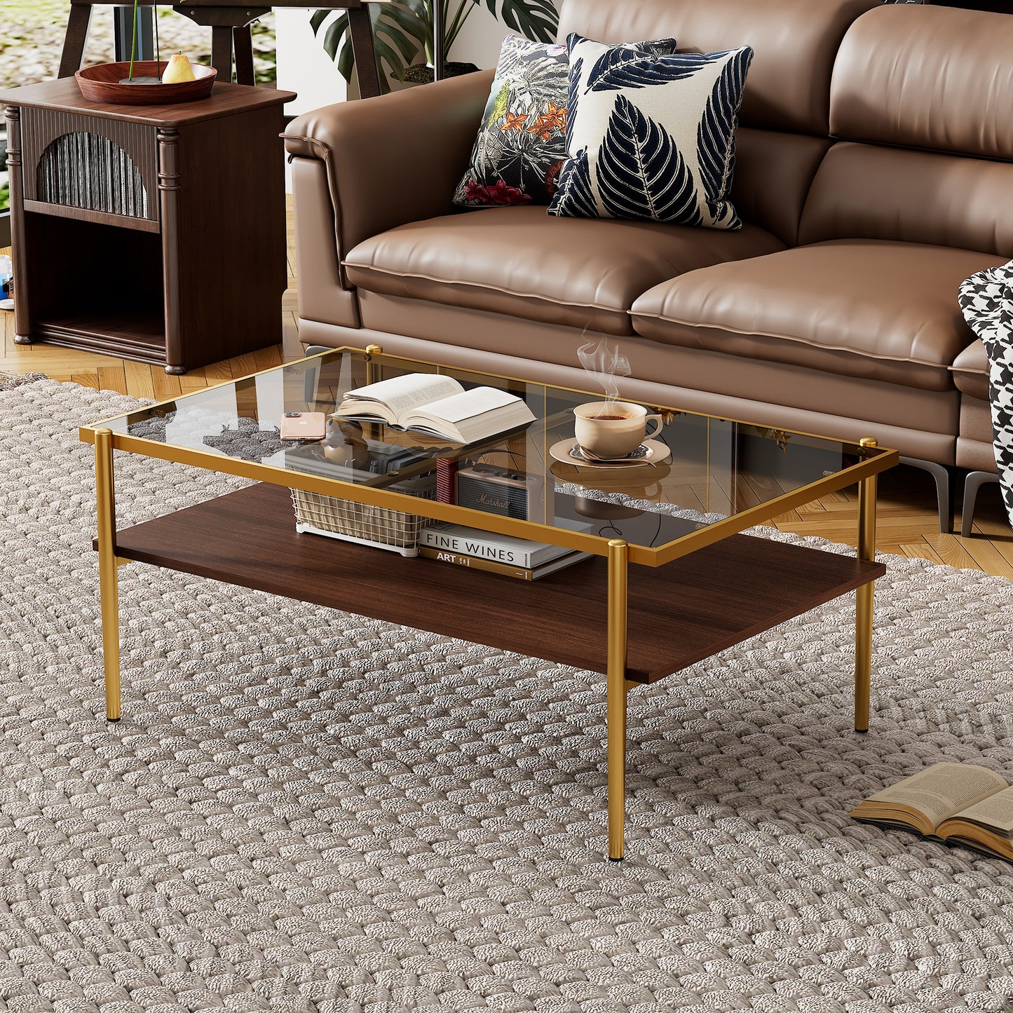 Rectangle Coffee Table with Gray Tempered Glass top and Golden Legs, Modern Table for Living Room image 2