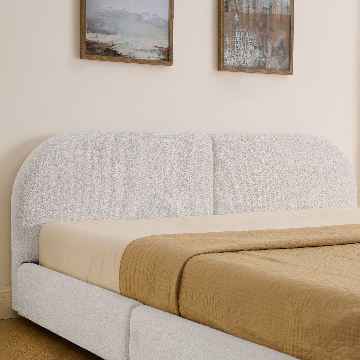 King Size Upholstered Bed Frame Modern Minimalist Style - Circle Yarn Fabric, Tall Curved Headboard, Sturdy Leg Support & Wheeled Drawer Storage, Mattress Not Included -Beige image 5