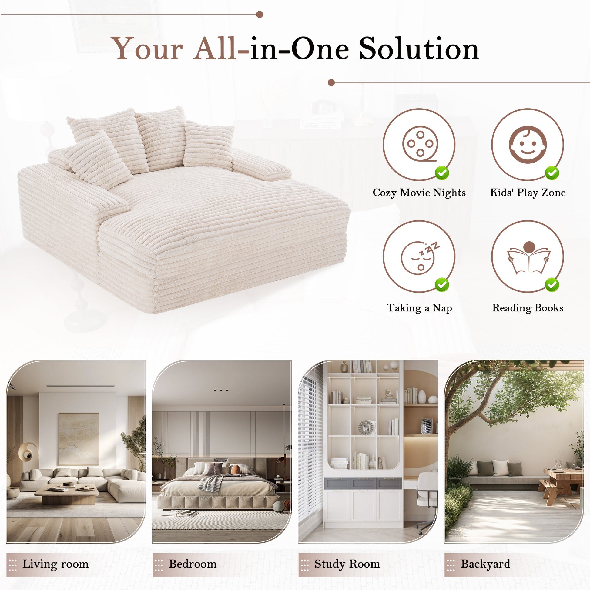 028-Oversized chaise Lounge chair, Upholstered Sleeper Sofa Bed with 4 Throw Pillows and Armrests, Corduroy Fabric Plush Lounge Chair Bed for Living Room, Apartment & Small Spaces, Beige image 6