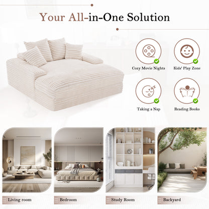 028-Oversized chaise Lounge chair, Upholstered Sleeper Sofa Bed with 4 Throw Pillows and Armrests, Corduroy Fabric Plush Lounge Chair Bed for Living Room, Apartment & Small Spaces, Beige image 6