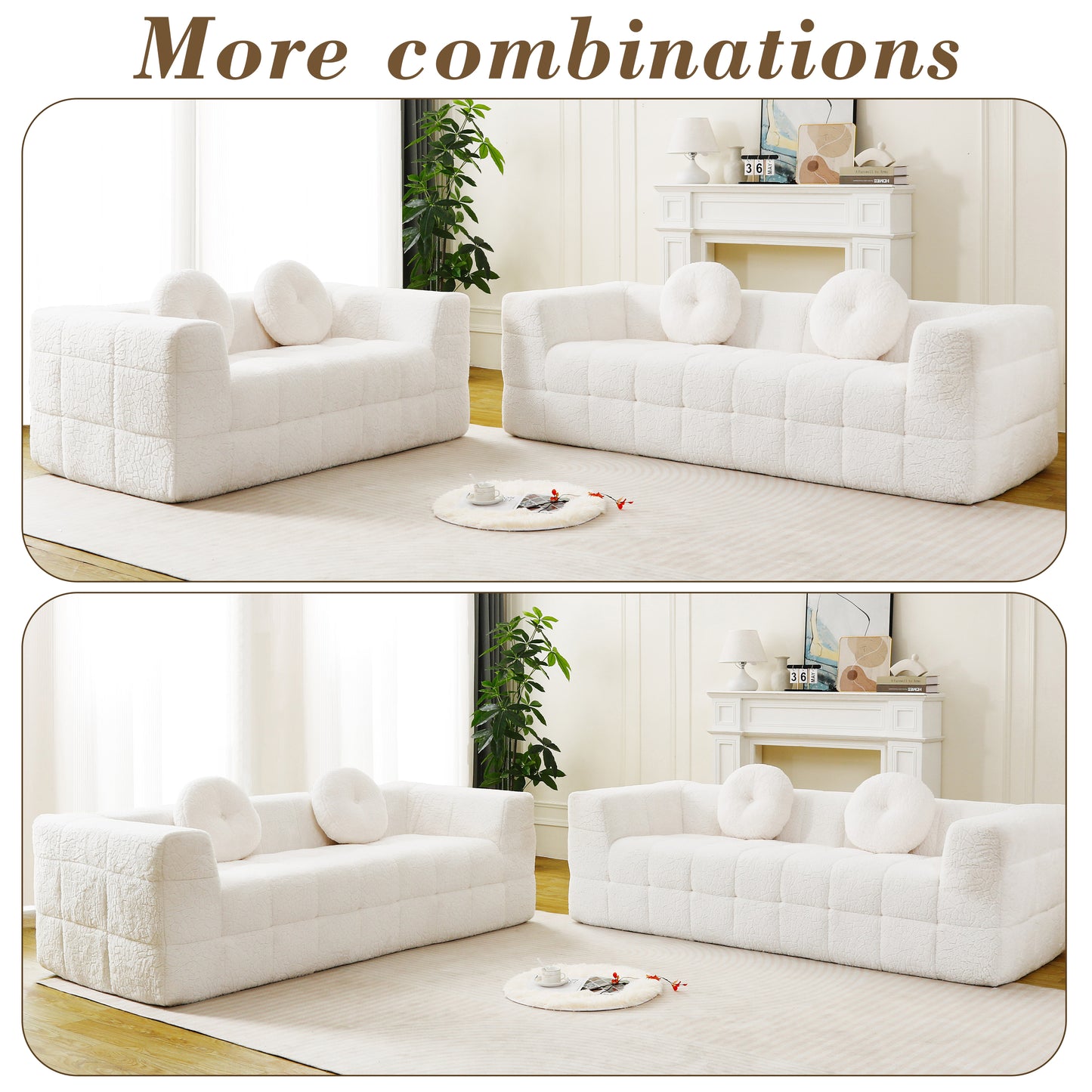 84.6-inch Modern Boneless Couch with Two Circular throw pillows,Skin-friendly lychee-textured long-pile polyester fabric,Checkered Fabric Design Three-Seater Foam Sofa image 5
