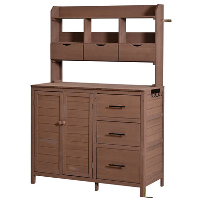 (With Assembly Video) TOPMAX Farmhouse Patio Potting Bench, 44.6''x19.5'' Large Freestanding Garden Workstation with 6 Drawers, Bottom Cabinet and Side Hook, Outdoor Kitchen Island, Brown image 12