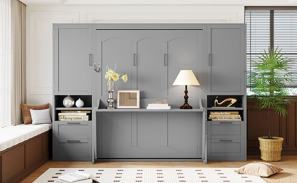 Queen Size Murphy Bed Wall Bed with Closet,Drawers and Shelves,Gray(OLD SKU:LP000909AAE-2) image 4