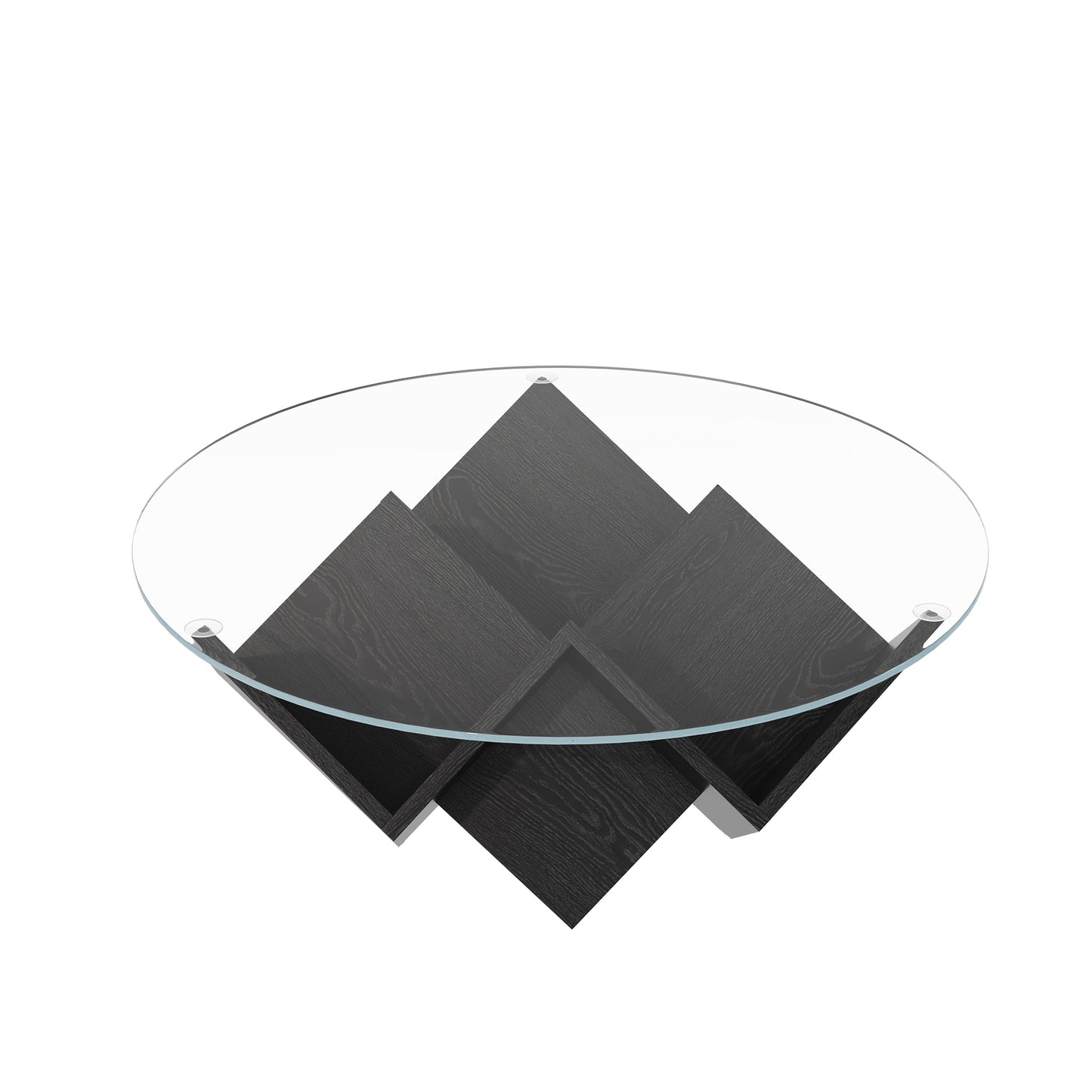 The Round Coffee Table with Glass Top and Geometric Abstract Art Deco Base Storage Shelves, Black, 35.4" image 9