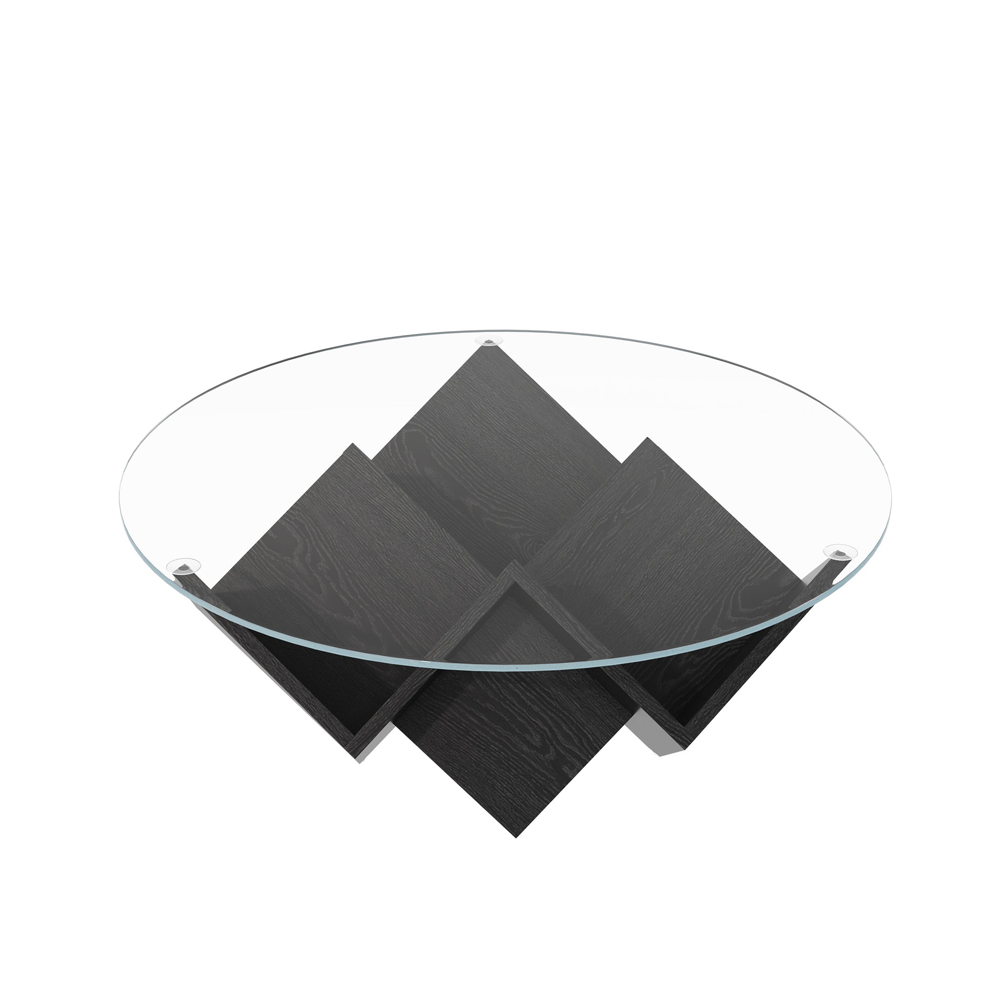 The Round Coffee Table with Glass Top and Geometric Abstract Art Deco Base Storage Shelves, Black, 35.4" image 9