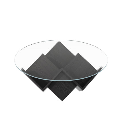 The Round Coffee Table with Glass Top and Geometric Abstract Art Deco Base Storage Shelves, Black, 35.4" image 9